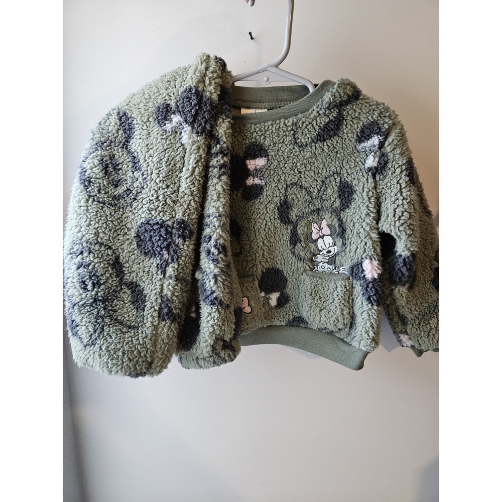 Disney Baby Green Minnie Print Fuzzy Set Girls Long Sleeve And Pants Set Sz 18M